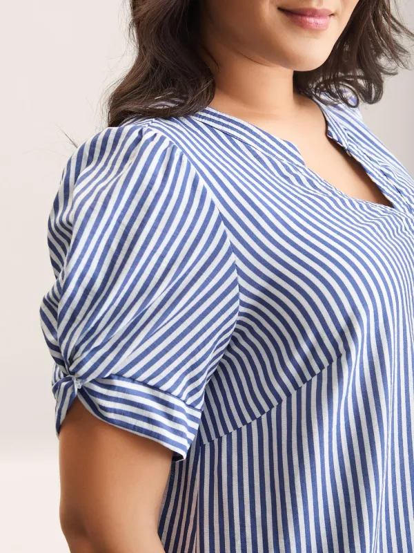 Stripes Knotted Sleeve Notched Collar Blouse