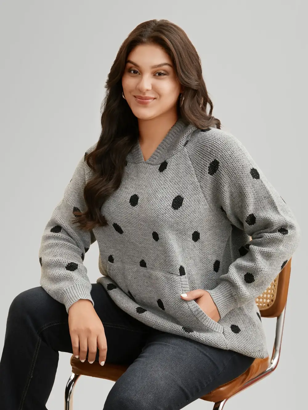 Polka Dot Hooded Patch Pocket Pullover