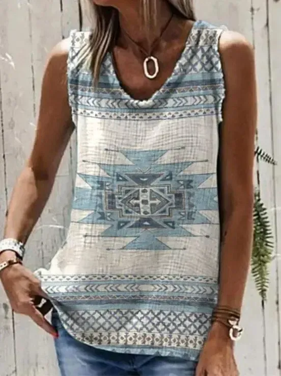 Women Sleeveless U-neck Floral Printed Graphic Top