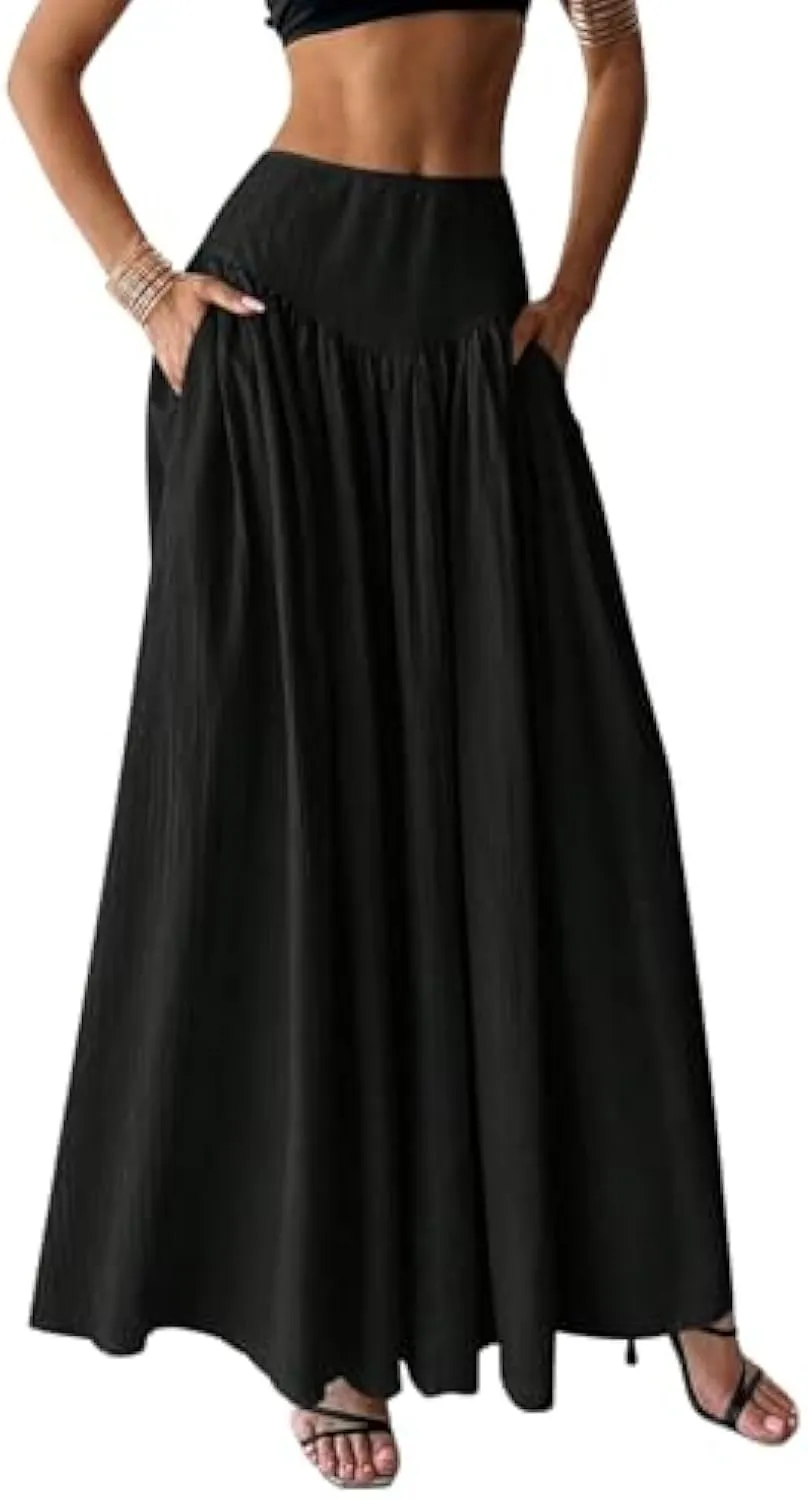 Milumia Women's Pleated Flowy Long Skirts High Waist Maxi Skirt with Pocket