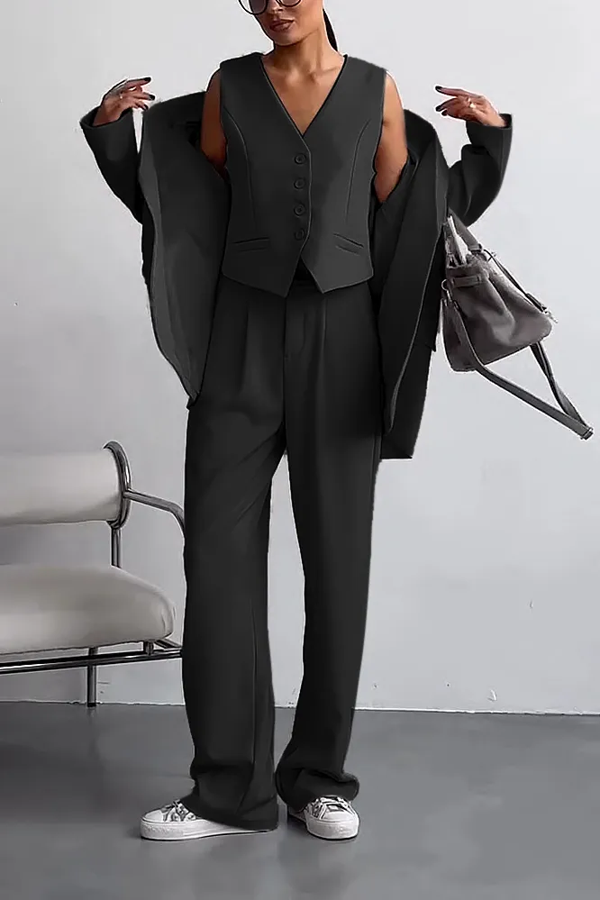 Women's Solid Color vest and suit jacket pants 3-piece set