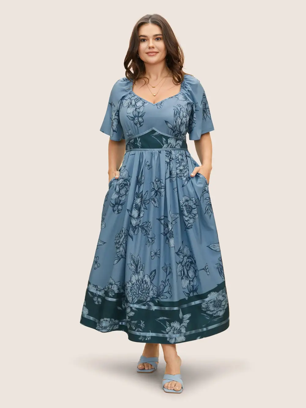 Boho Print Heart Neckline Ruffle Sleeve Maxi Dress