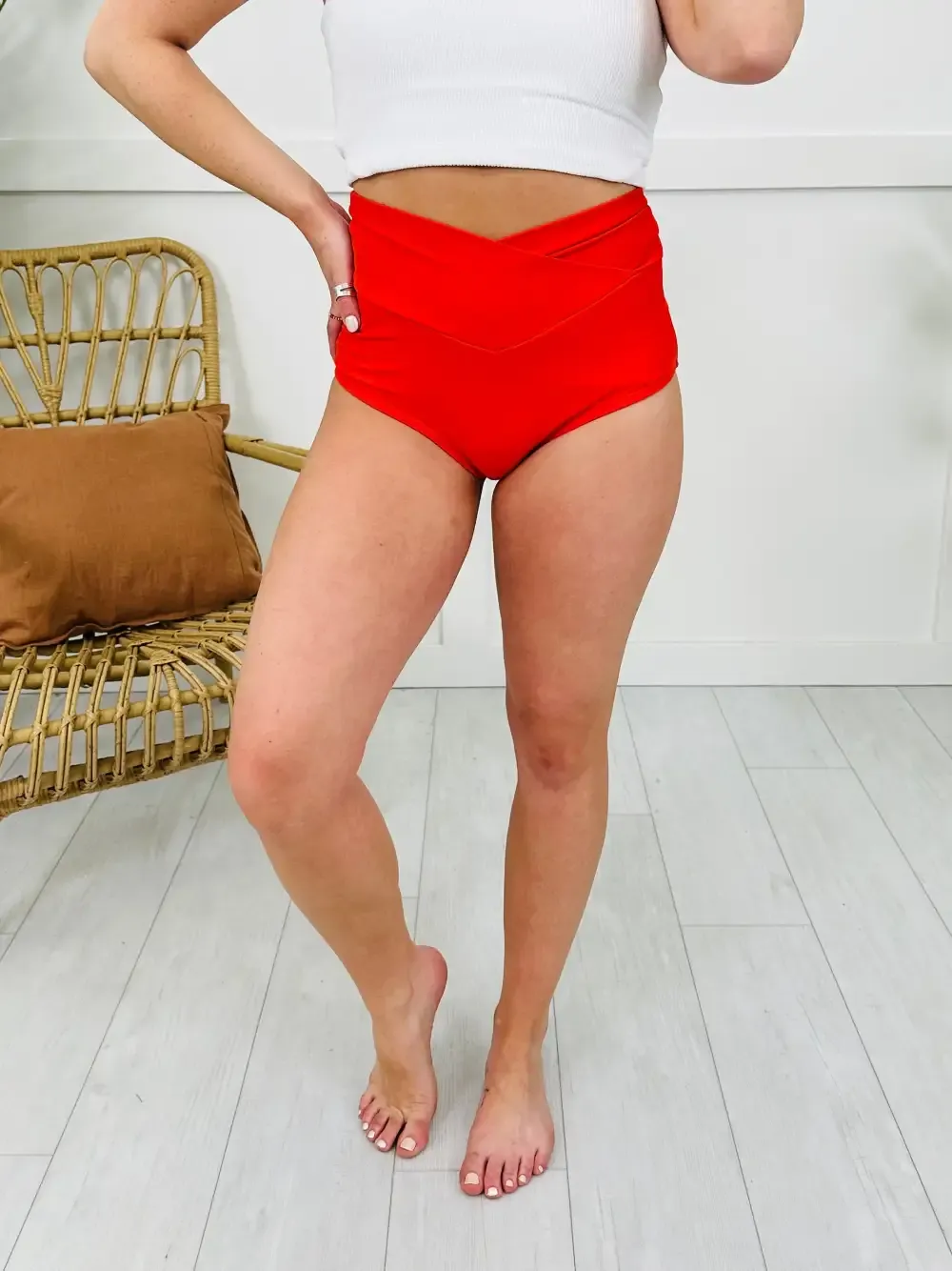 High Rise V-Cut Swim Bottoms in Red