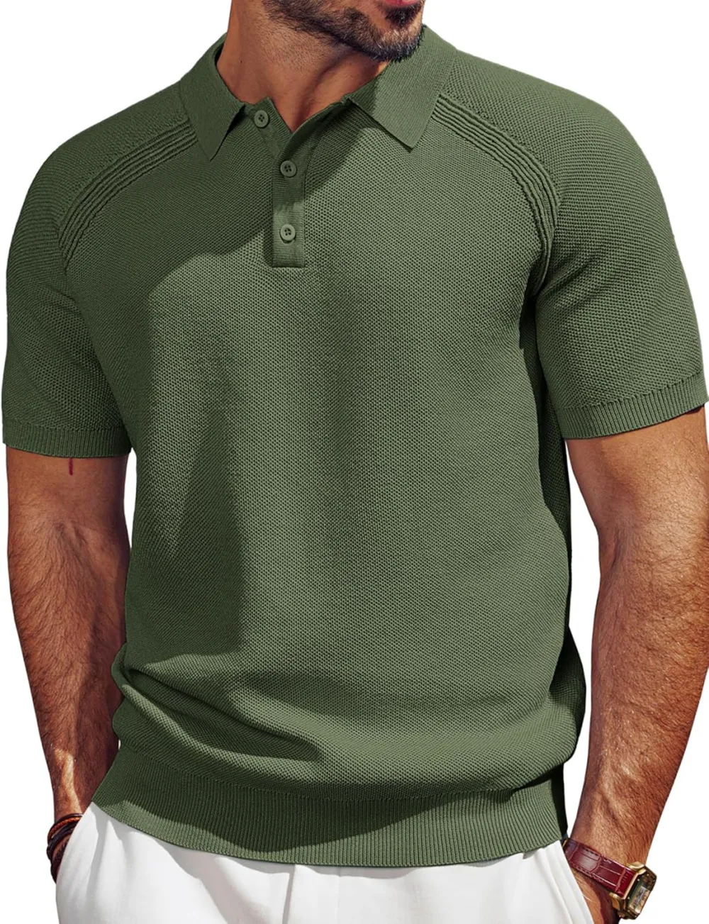 Men's Polo Shirt Short Sleeve Textured Knit Button Shirts Raglan Sleeve Casual Golf Shirt