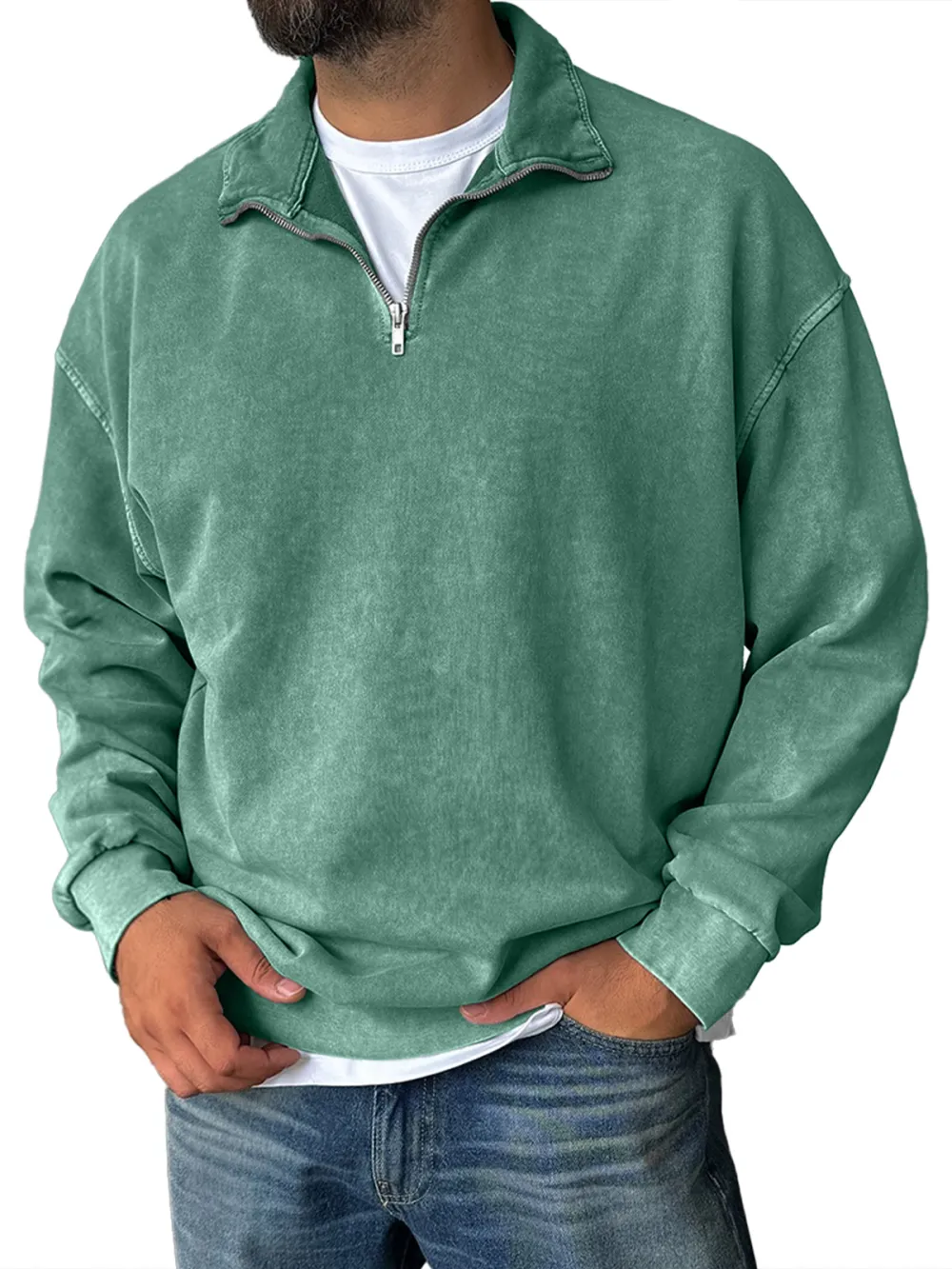 Men's Fashionable Retro Half-zip Stand Collar Casual Sweatshirt