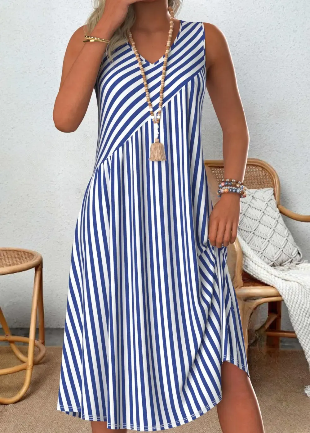 Blue Patchwork Striped A Line Sleeveless V Neck Dress