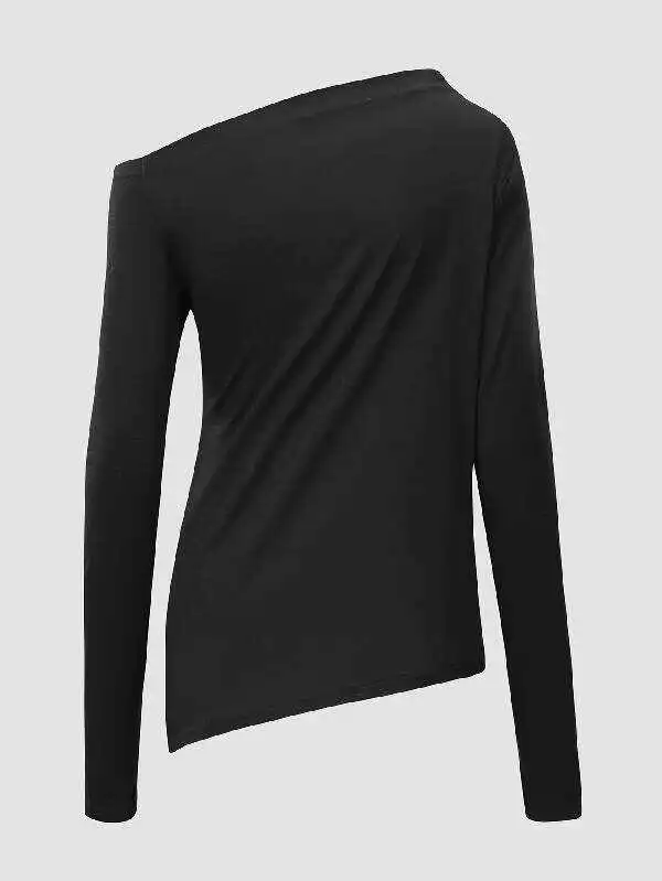 Stylish Solid Color One-Shoulder Long Sleeves T-Shirt Top