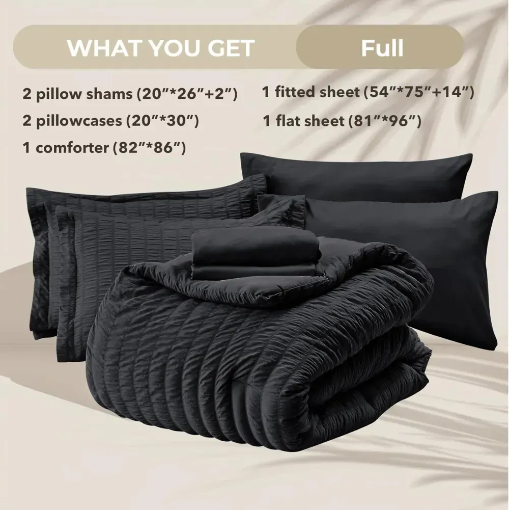 Queen Comforter Set Seersucker 7 Pieces, All Season Luxury Bed in a Bag for Bedroom, Bedding Set with Comforters, Sheets, Pillowcases & Shams, Dark Grey