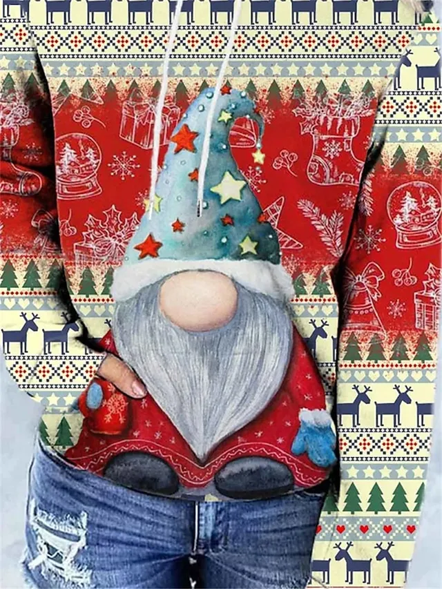 Women's Pullover Christmas Sweatshirt Active Sports Drawstring Front Pocket Red Christmas Tree Gnome Christmas Casual Hoodie Long Sleeve Top Micro-elastic Fall & Winter