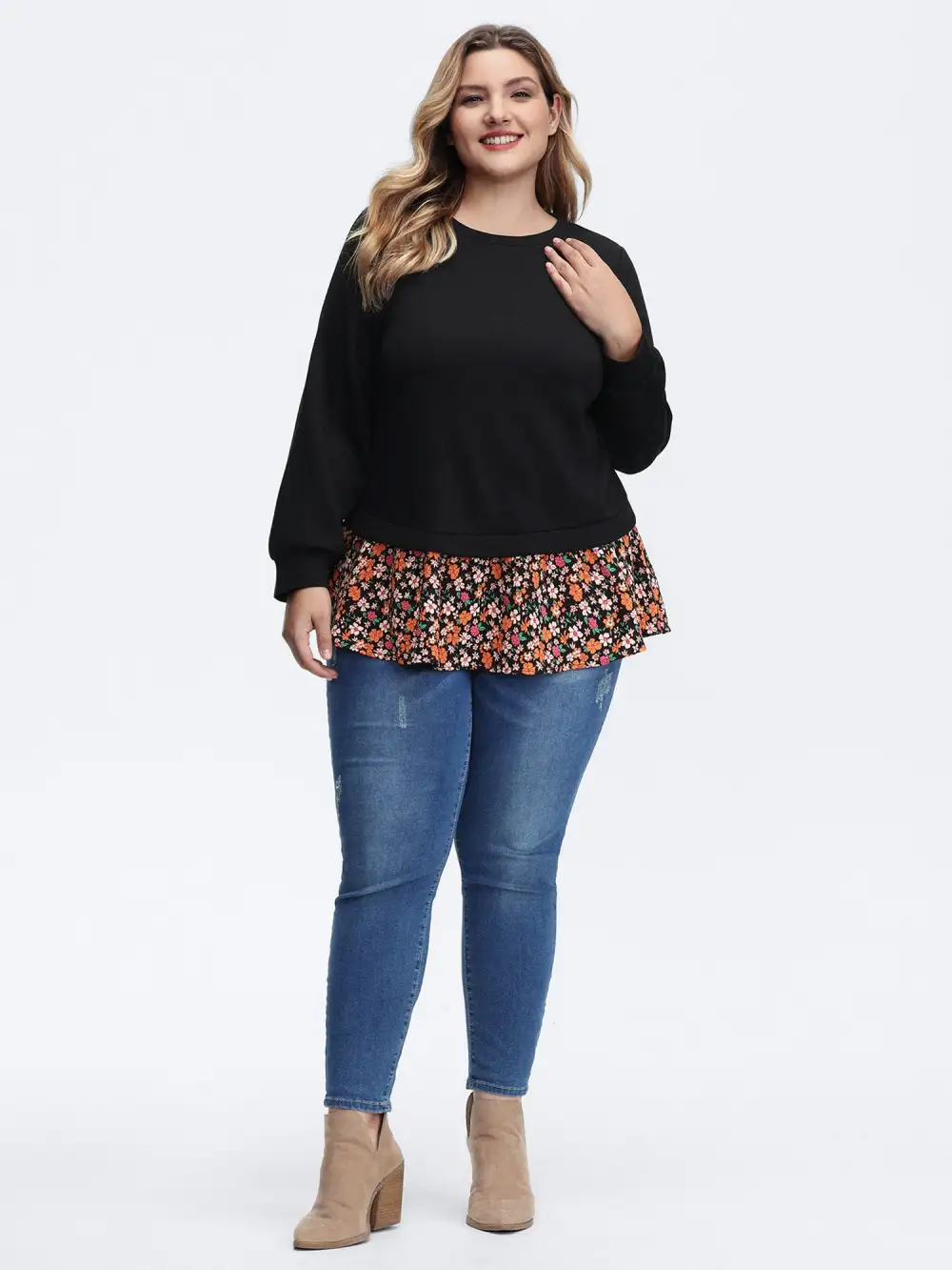 Supersoft Floral Spliced Layered Sweatshirt