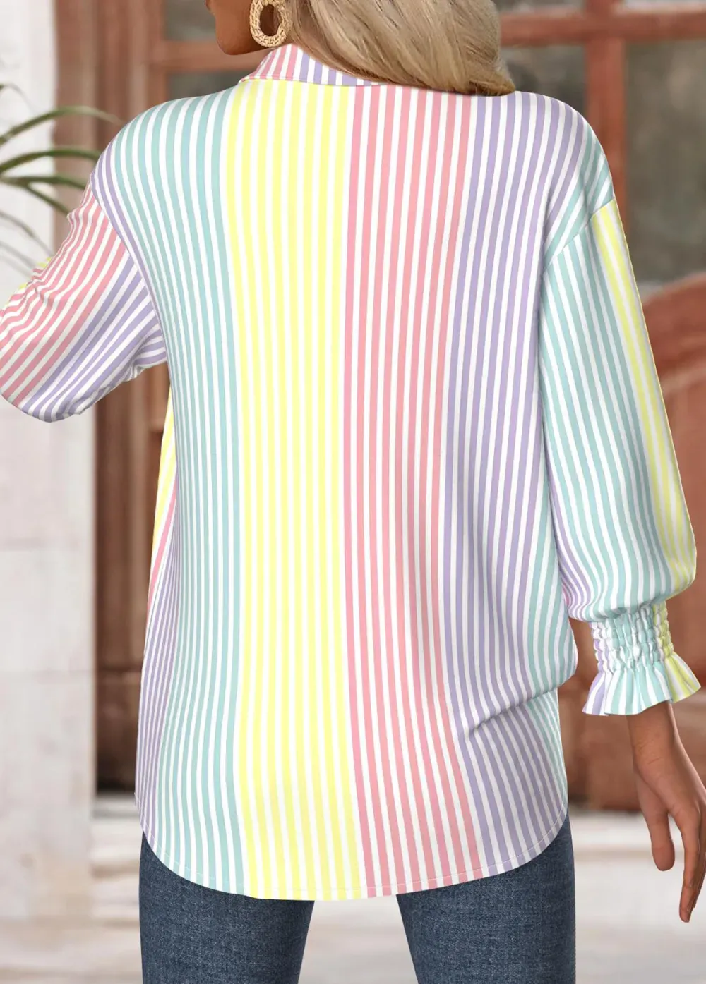 Multi Color Tummy Coverage Striped 3/4 Sleeve Shirt