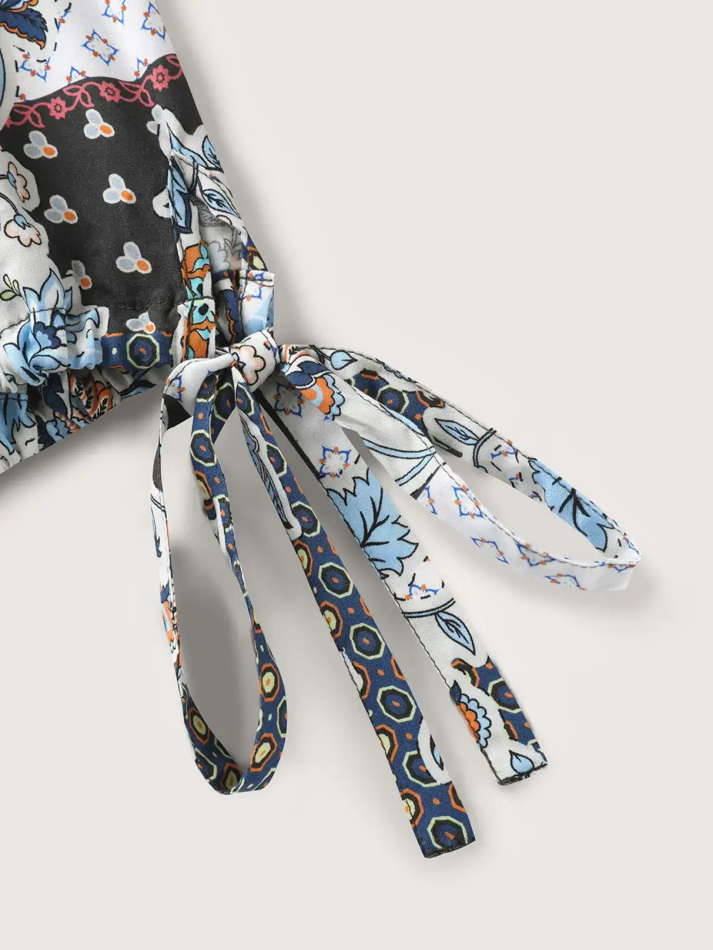 Boho Print Ribbed Sleeve Tie Sweatshirt