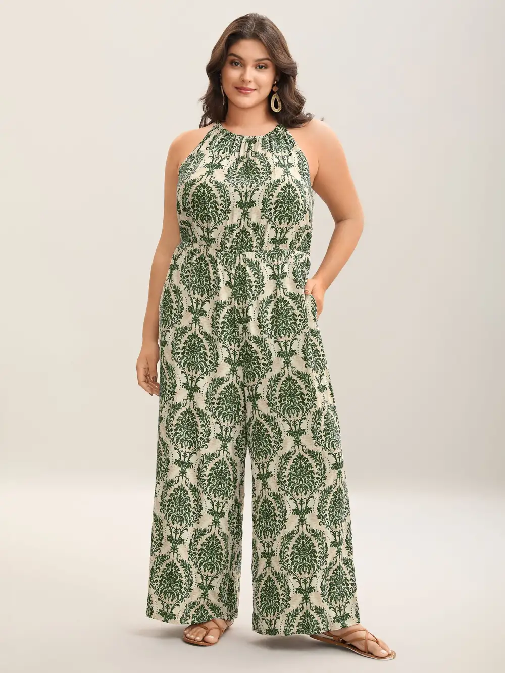 Rayon Damask Print Stretchy Waist Jumpsuit