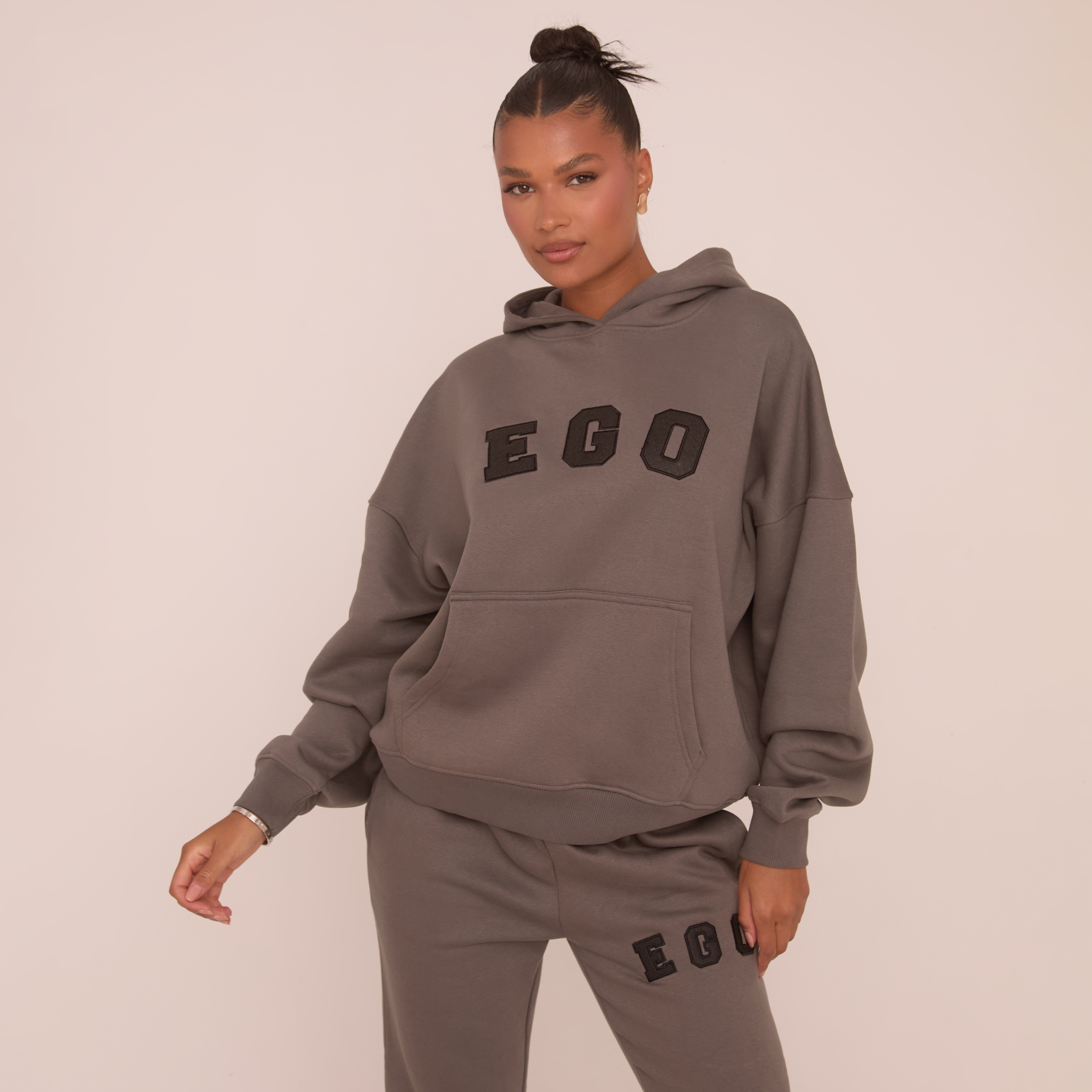 Oversized Ego Graphic Slogan Print Hoodie In Charcoal Grey