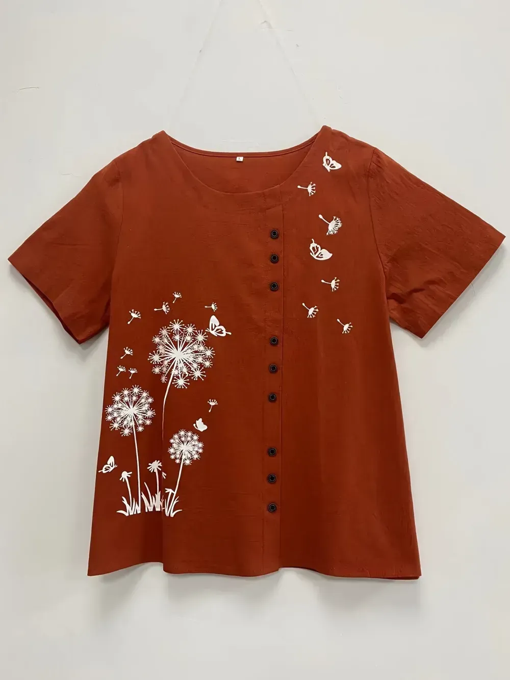 Women's Plus Dandelion Print Tee, Short Sleeve, Casual, Round Neck, Plus Size