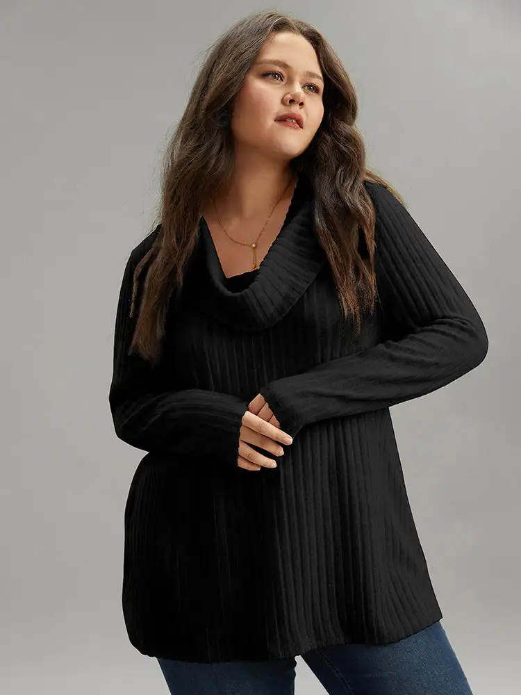 Plain Rib Knit Cowl Neck T-Shirt