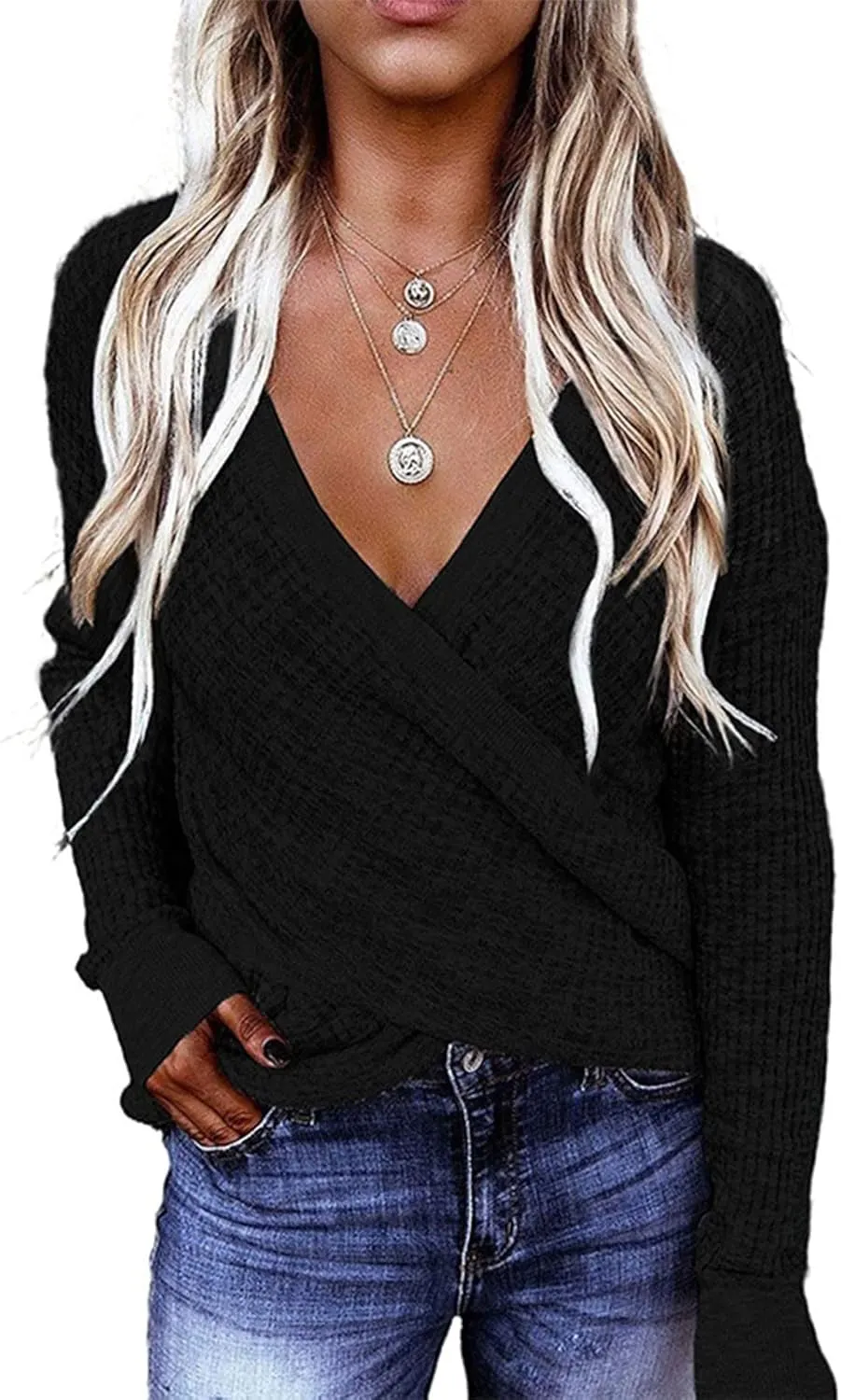 Women's Fall Sweater 2023 Wrap Sweaters Long Sleeve Knitted Asymmetric Hem Pullover Solid Color Tops Sweater