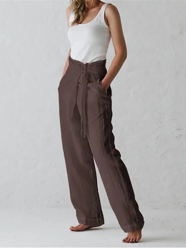 Women's Loungewear Pants Regular Fit Solid Color Fashion Simple Casual Street Linen Breathable Straight Leg Trousers with Pockets Elastic Waistband Self Tie Knot Summer Spring Black White