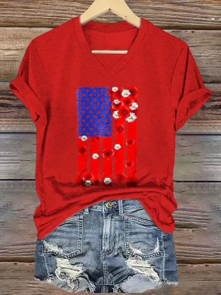 Women'S T-Shirt With National Flag Pattern Printed Pure Cotton V-Neck Short-Sleeved T-Shirt