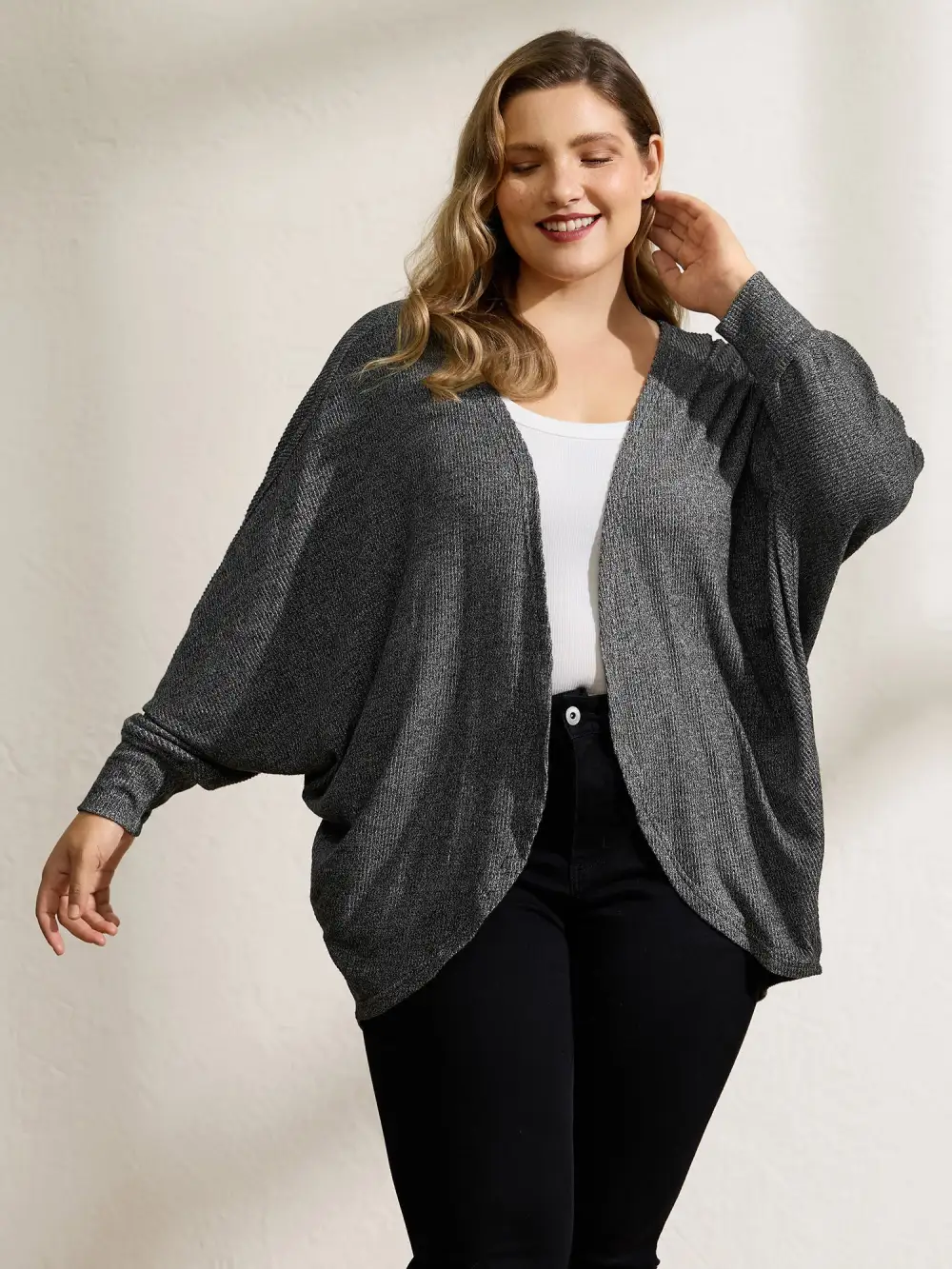 Stretchy Curvy Hem Open-Front Cardigan