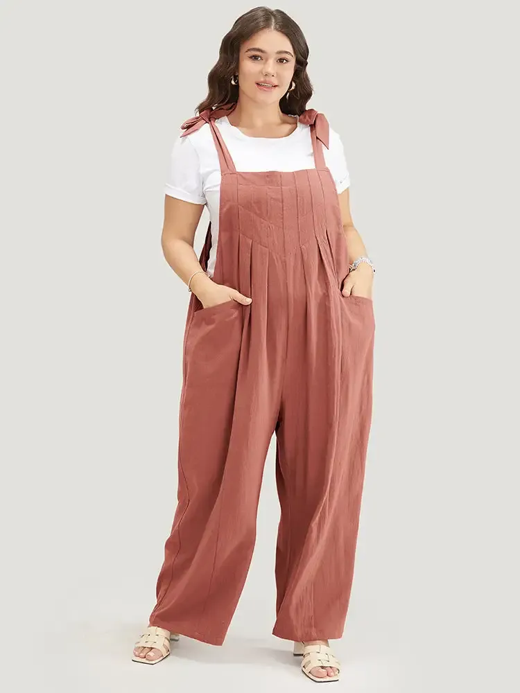 Solid Pleated Detail Pocket Knotted Shoulder Overall Jumpsuit