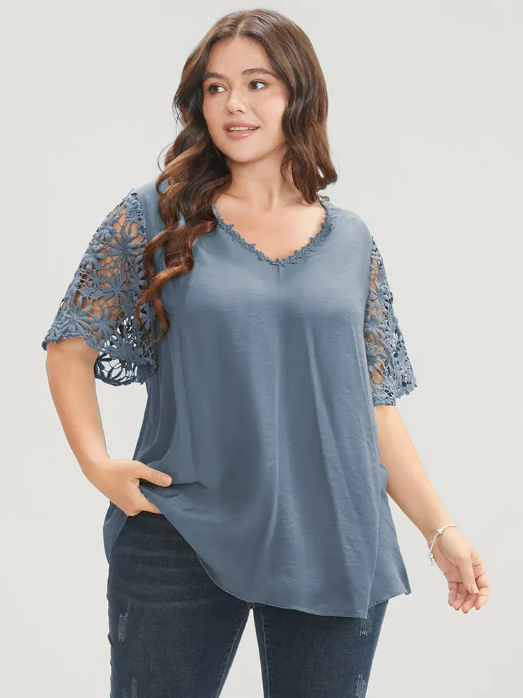 Plain V Neck Floral Patchwork Blouse