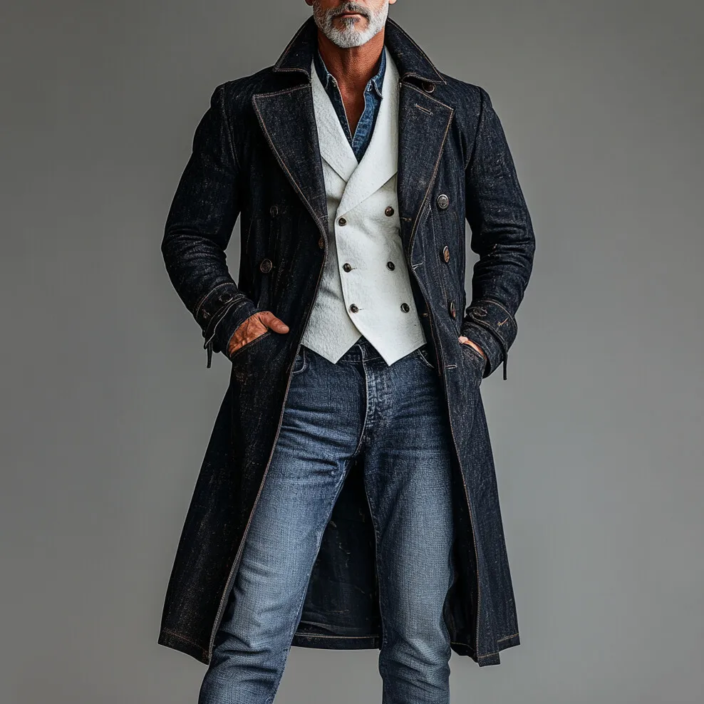 Men's Long Sleeve Double Breasted Lapel Collar Denim Trench Coat