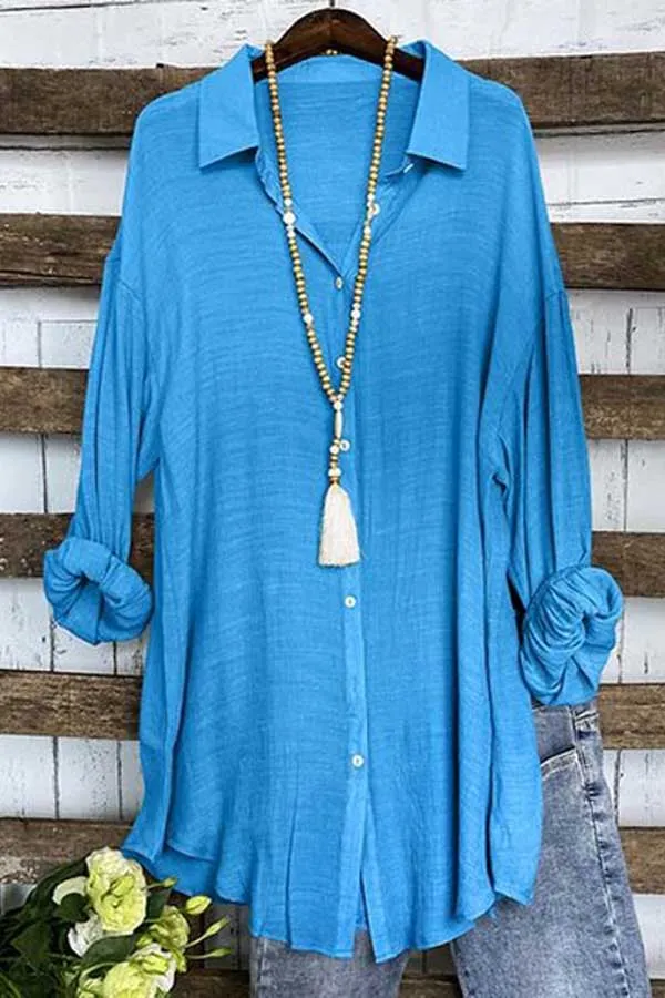 Solid Button Up Linen Tunic Top