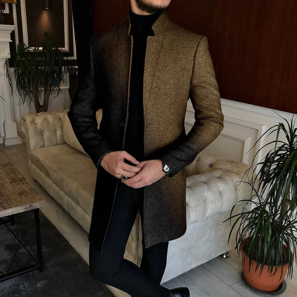 Men's Business Geo Plaid Pattern Buttons Stand Collar Long Sleeve Coat