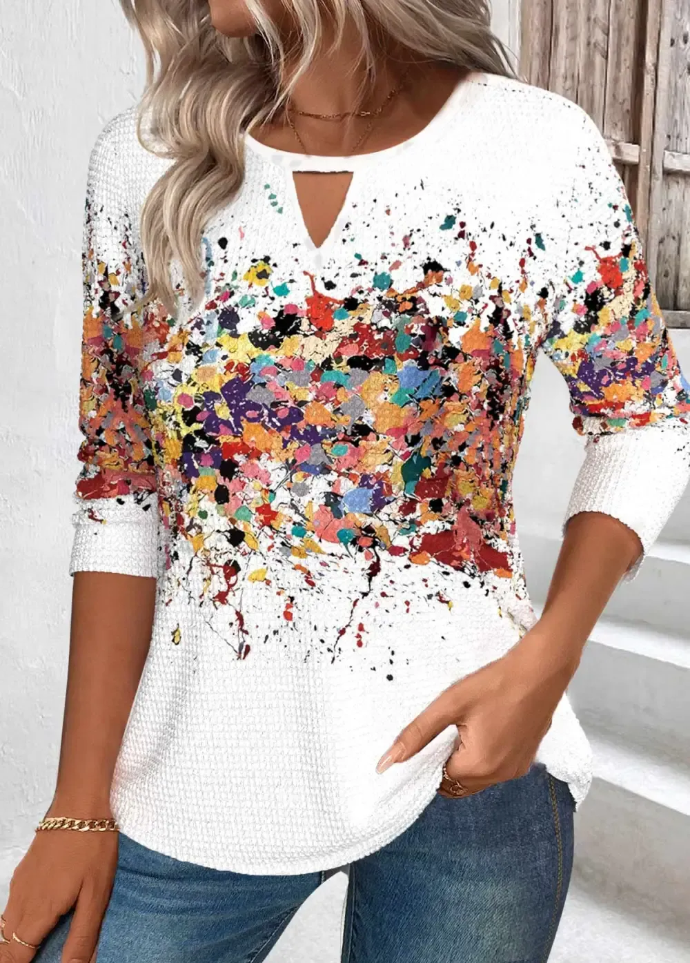 White Cut Out Ombre Long Sleeve T Shirt
