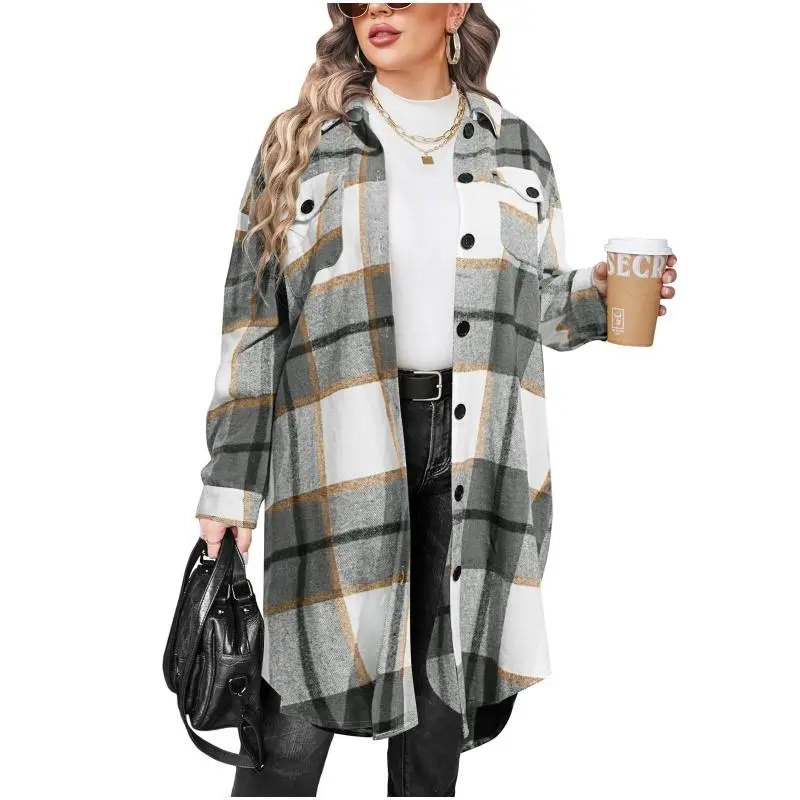 Womens Plus Size Flannel Plaid Shirts Long Sleeve Lounge Lapel Boyfriend Button Down Tartan Long Jacket Coats
