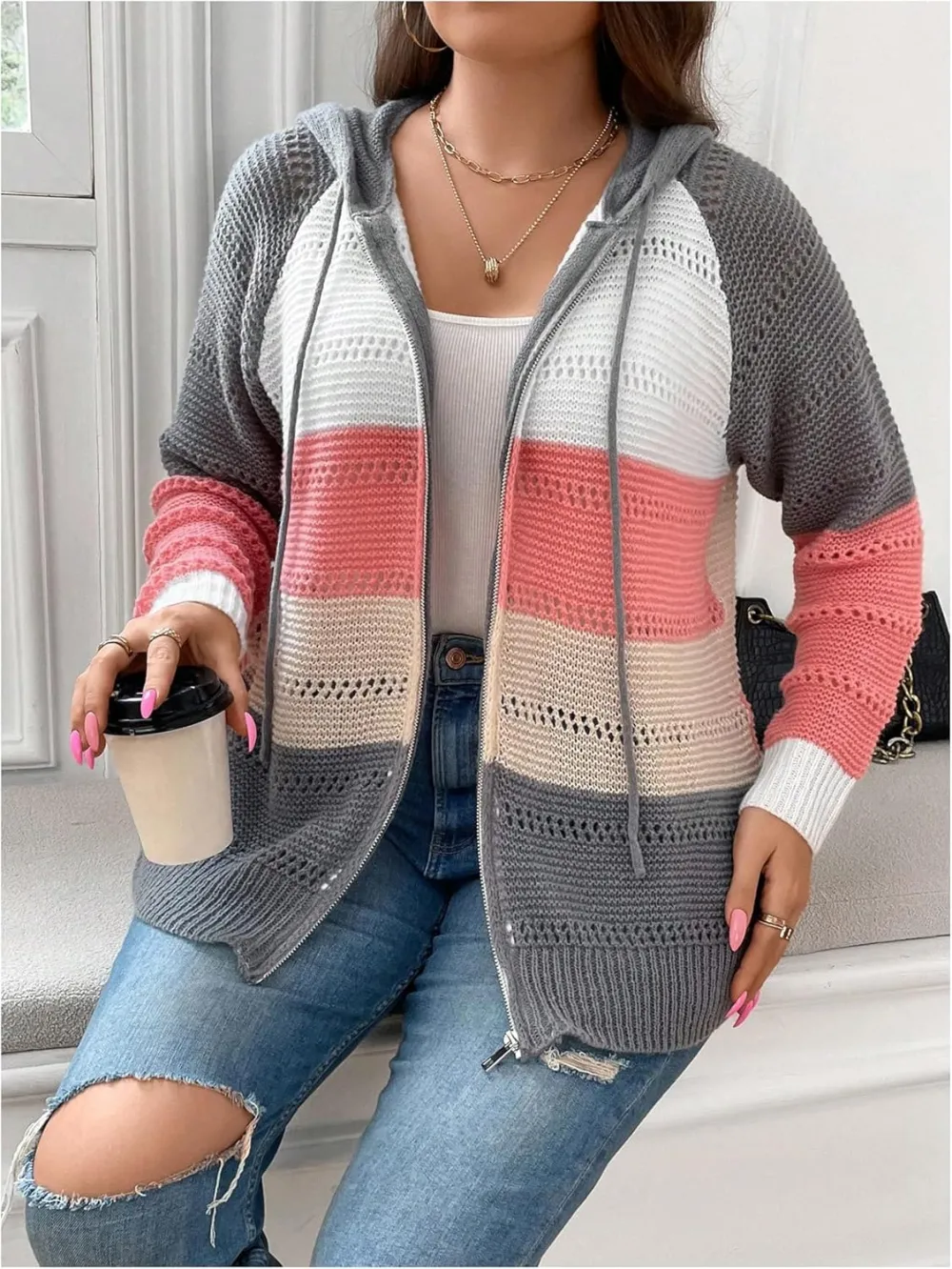 Women's Colorblock Zip Up Hoodie Jacket Long Sleeve Drawstring Hooded Cardigan Coat