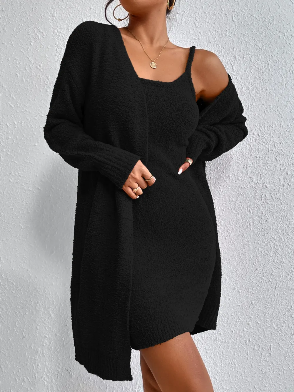 Solid Cami Sweater Dress & Drop Shoulder Cardigan