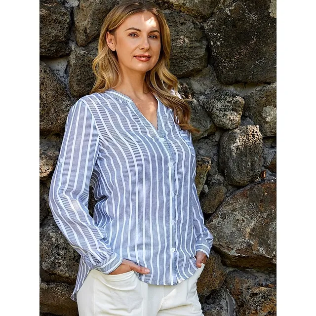 Women's Blouse Light Blue Stripes V Neck Button Front Office Shirt Long Sleeve Blouse For Spring  Summer Autumn
