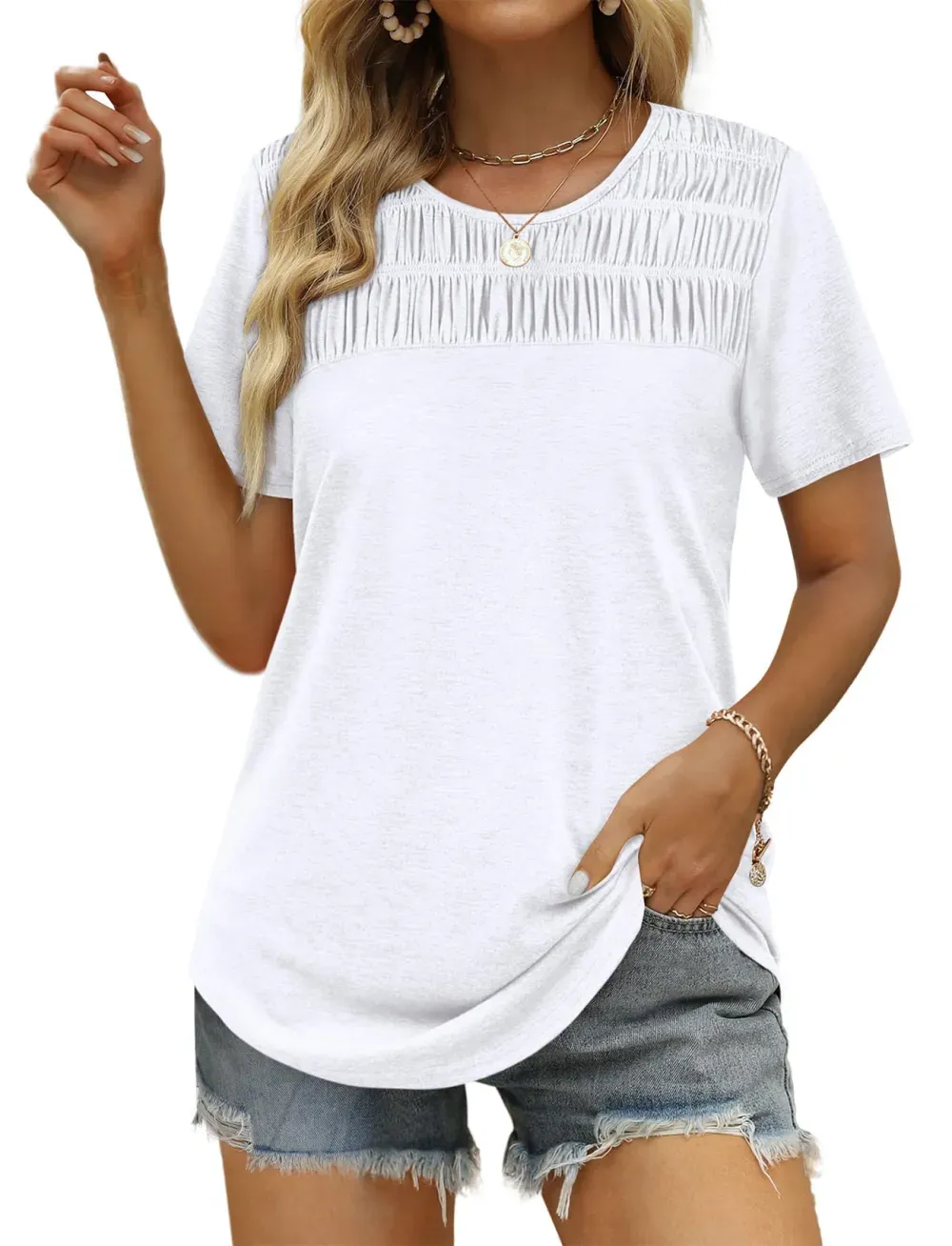 ✨Hot Sale-Women's Summer Tops 2025 Trendy Short Sleeve Shirts Smocked Crewneck Tee