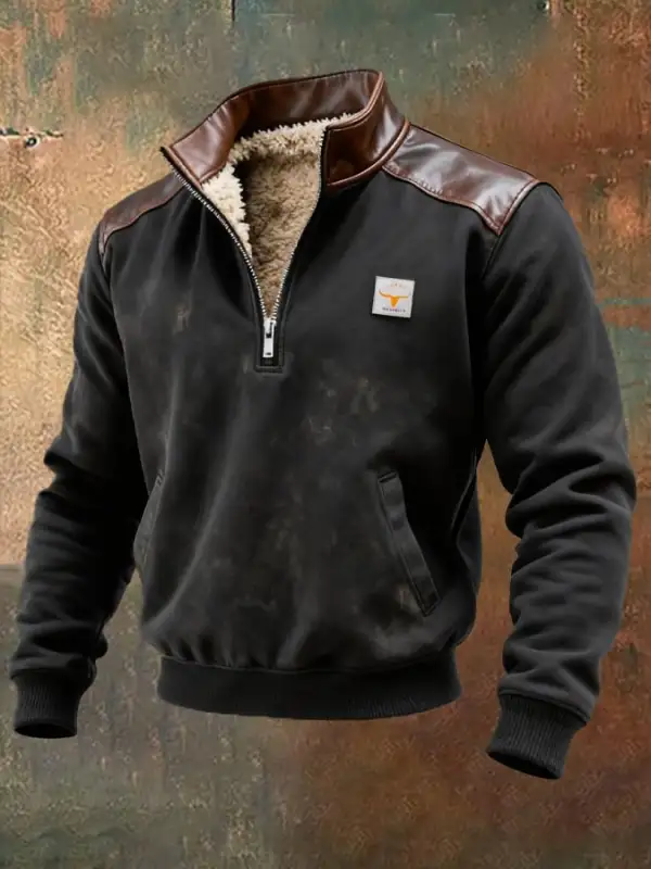 Men's Vintage Suede Leather Stitching Plush Warm Zip-Up Sweatshirt