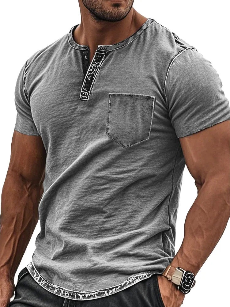 Men's Fashion Retro Distressed Pocket Short-sleeved Henley Shirt