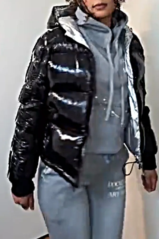 Women's patent leather glossy hooded down jacket