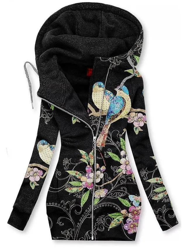 Women's Zip Hoodie Sweatshirt Sports Basic Drawstring Zip Up Front Pocket Black Pink Navy Blue Floral Geometric Butterfly Street Casual Hoodie Long Sleeve Top Micro-elastic Fall & Winter