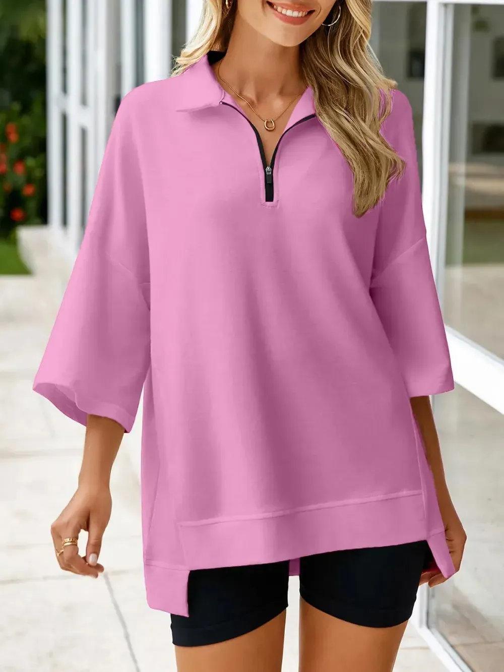 Women's Oversized 3/4 Sleeve Zipper Pullover
