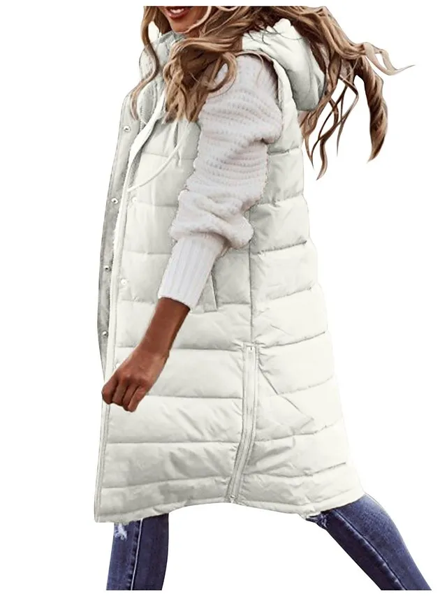 Women's Winter Jacket Long Puffer Vest Fall Maillard Outdoor Street Daily Winter Fall Long Coat Regular Fit Windproof Warm Casual Jacket Sleeveless Solid Color Khaki Red White