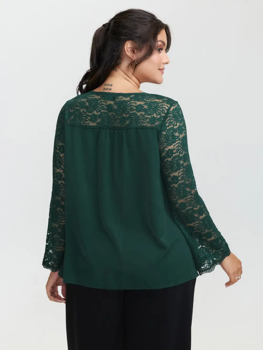 Lace Sheer Sleeve Curvy Hem Blouse