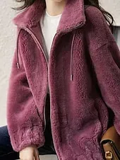 Women's Sherpa Jacket Casual Jacket Comfortable Breathable Zipper Casual Plain Vacation Street Casual Daily Wear Zipper Regular Stand Collar Regular Fit Long Sleeve Outerwear Black Purple Fuchsia
