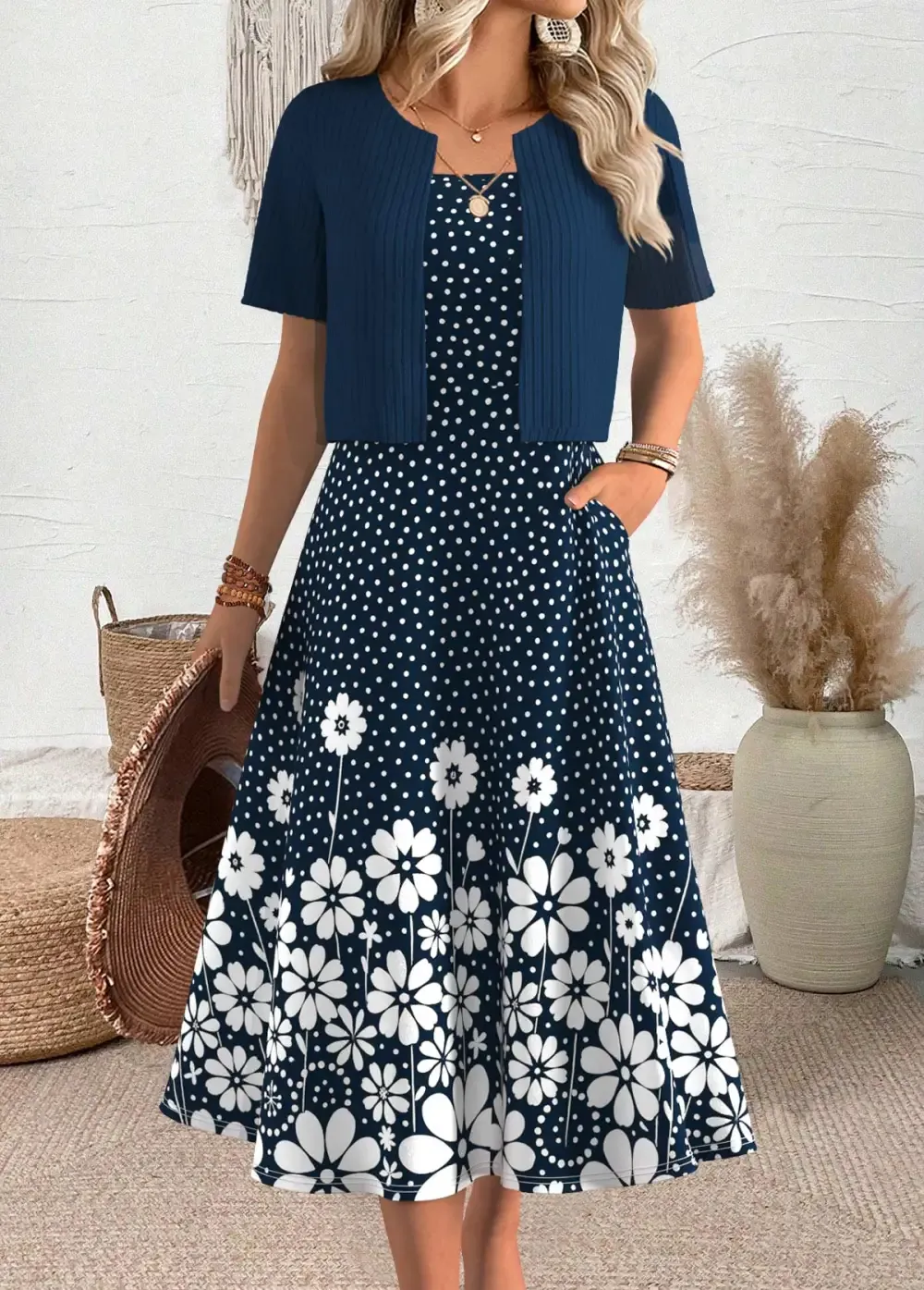 Navy Polka Dot Short Sleeve Dress and Cardigan