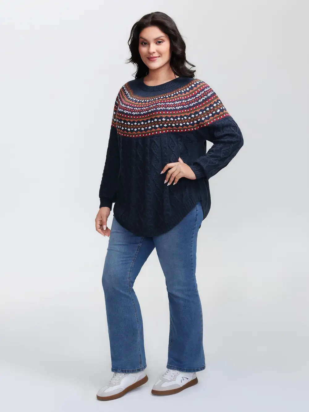 Cable Knit Boho Print Curvy Hem Pullover