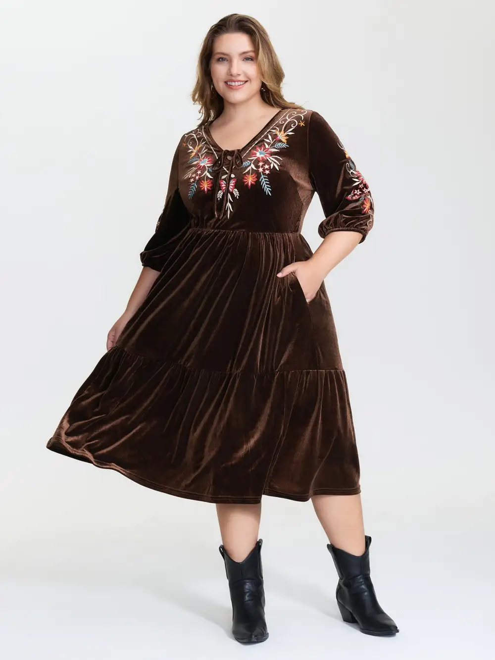 Floral Embroidered Stretchy Waist Pockets Midi Dress