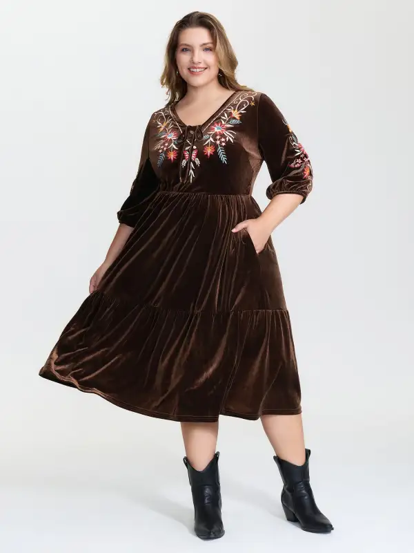 Floral Embroidered Stretchy Waist Pockets Midi Dress