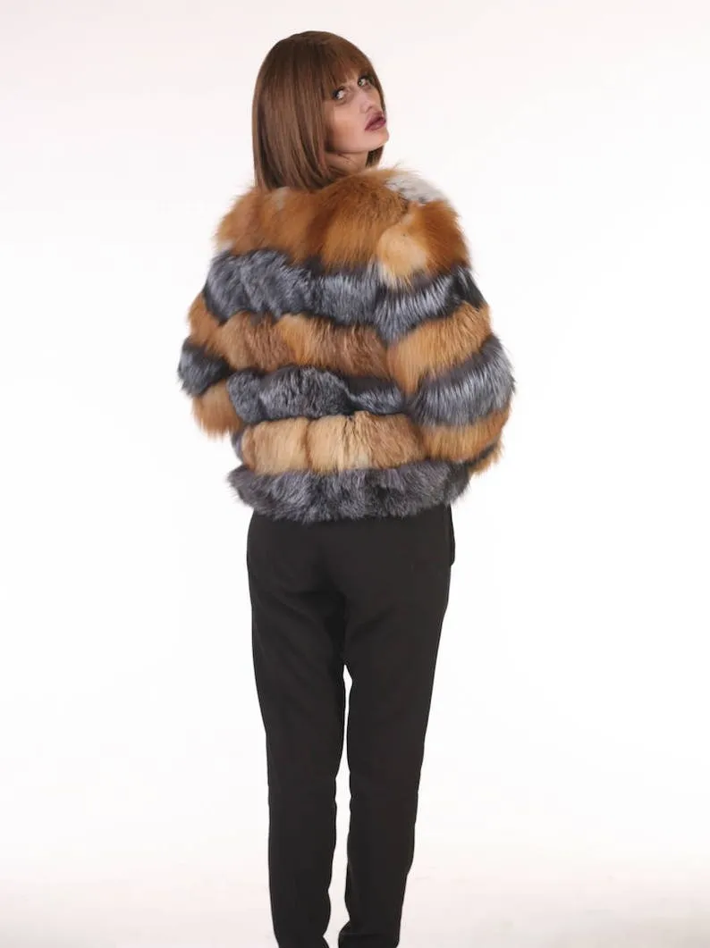 Red and Silver Fox Fur  Jacket