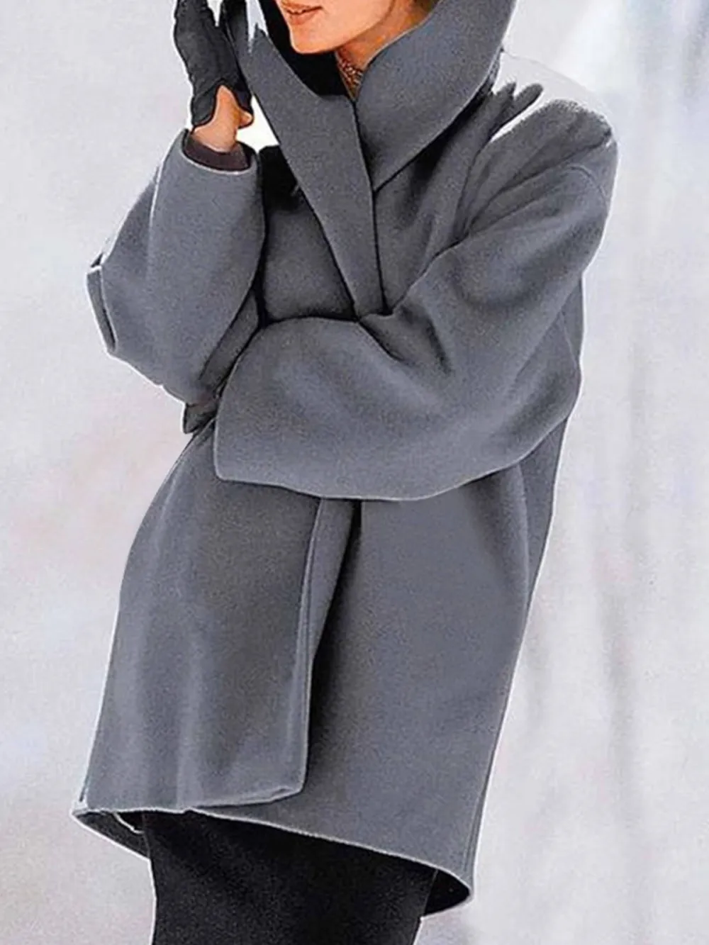 Round neck loose hooded woolen coat