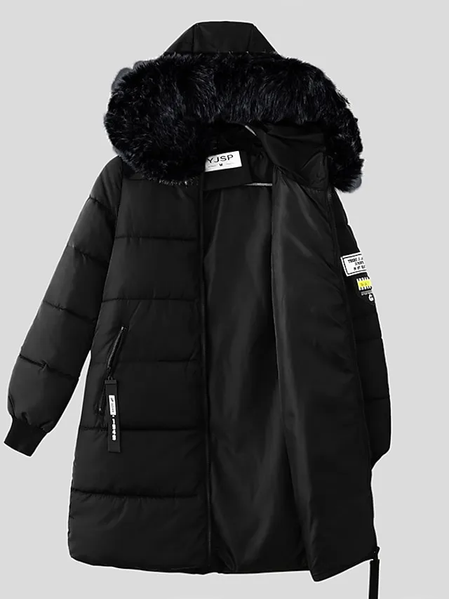 Women's Puffer Jacket Long with Pockets Slim Fit Fur Collar Coat powder Bean Green White Black Gray Classic Style Christmas Winter Zipper Hoodie Regular Fit M L XL XXL XXXL / Daily / Windproof
